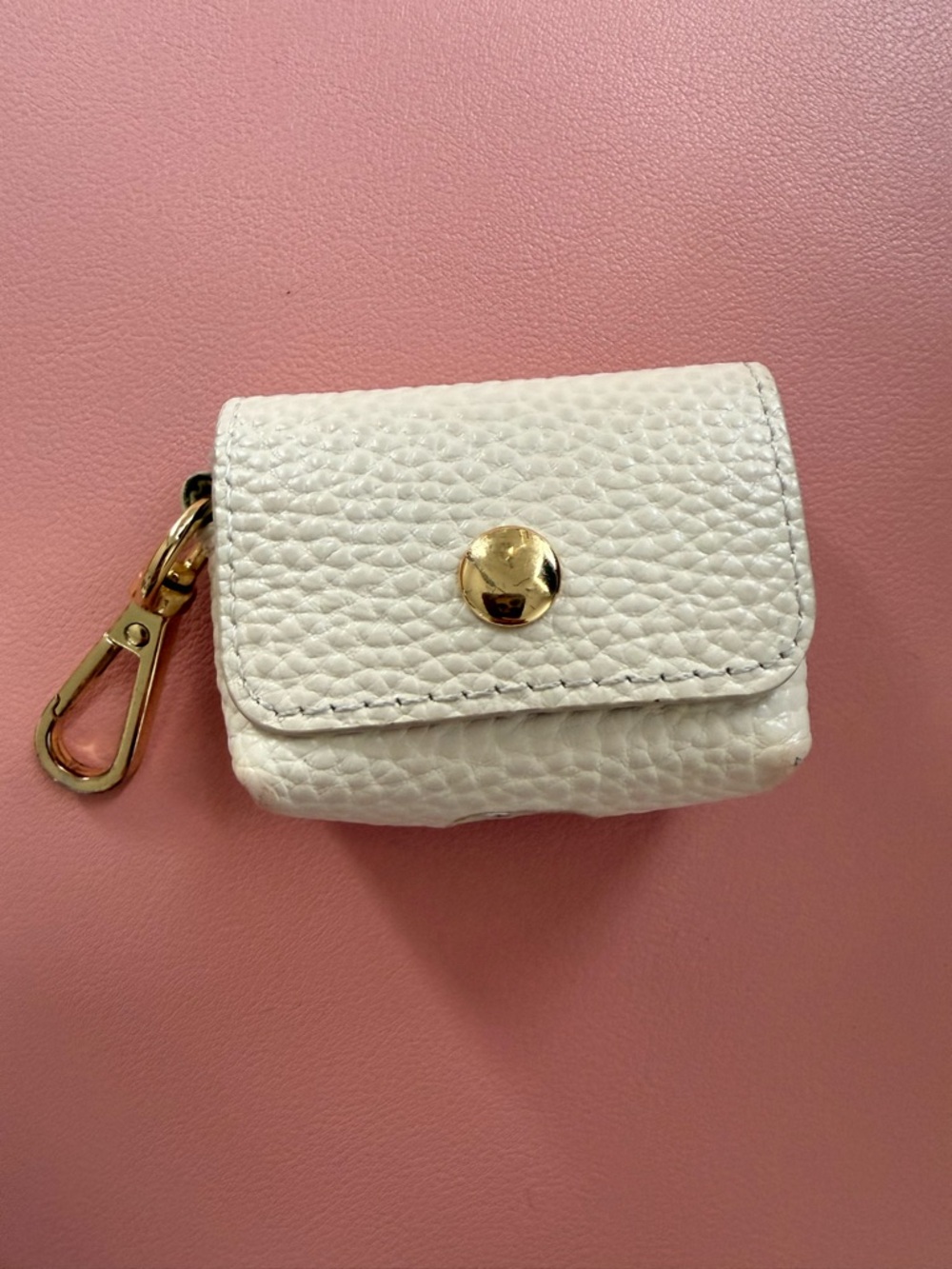 White Pebbled Leather Keychain Pouch with Gold Hardware